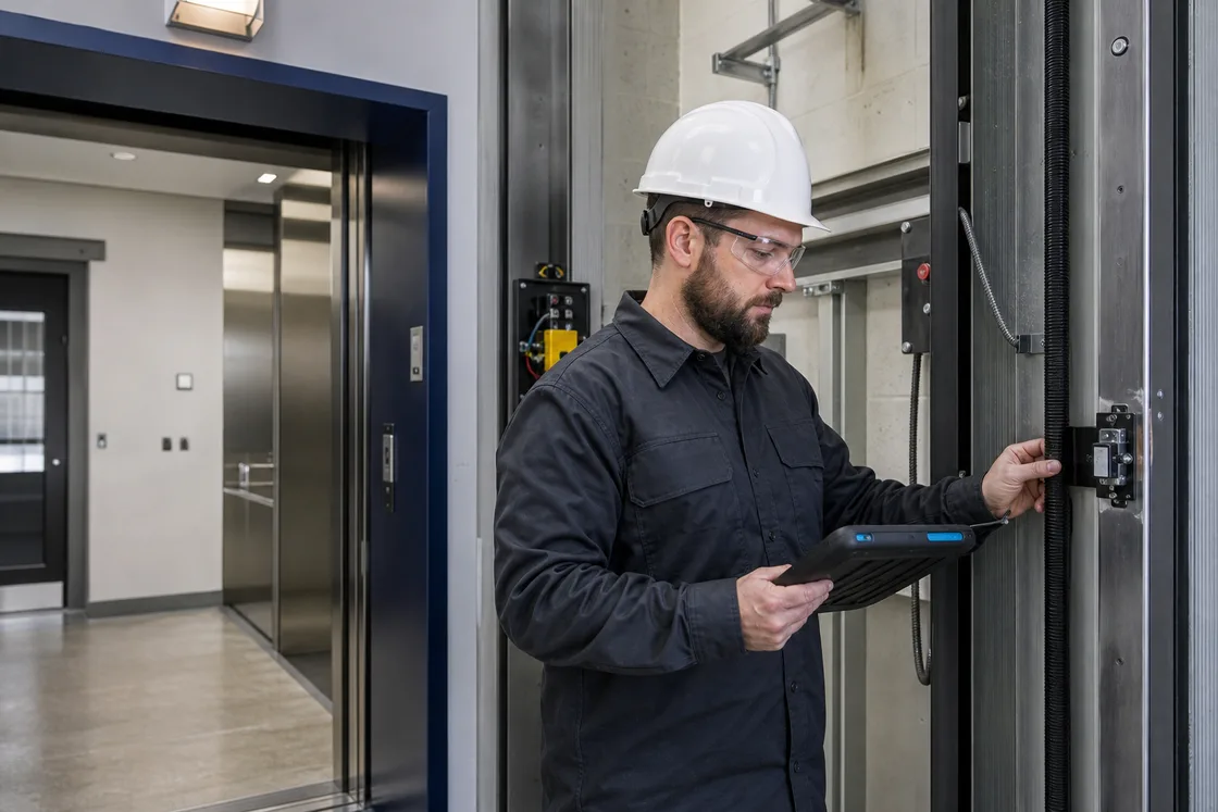 Elevator inspector documenting a door-safety component