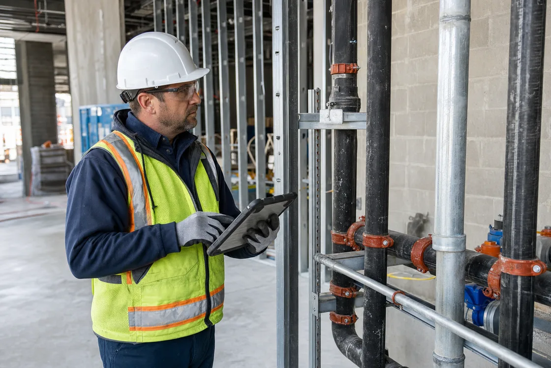 Construction quality inspector documenting installed mechanical piping
