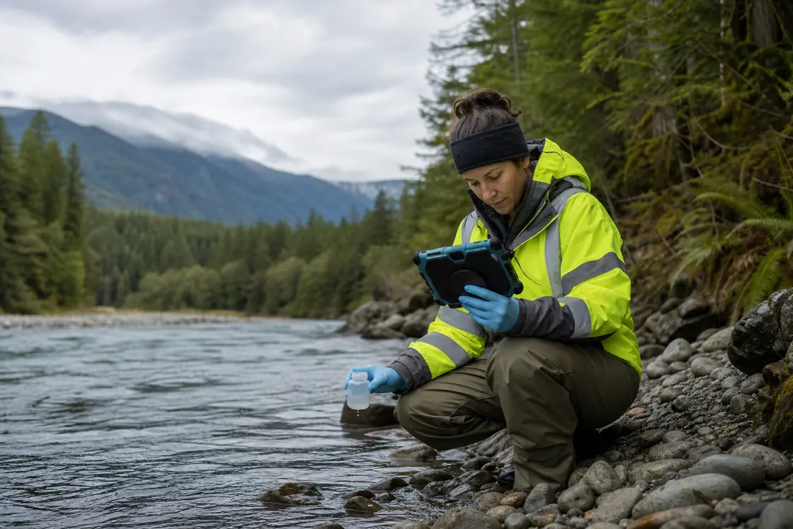 Environmental scientist collecting a water sample beside a stream