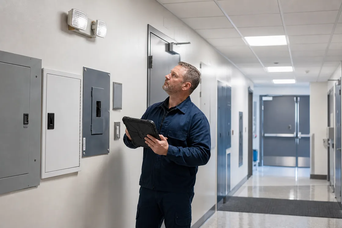 Facilities professional documenting an emergency-light inspection