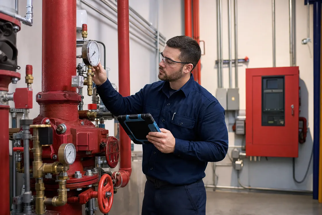 Fire protection technician checking a sprinkler valve and gauge