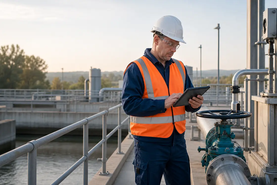 Industrial inspector documenting pipework and valve condition