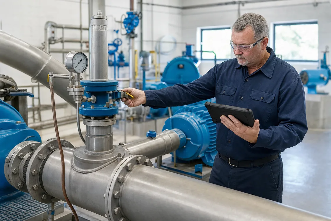 Municipal water operator documenting a pump and valve inspection