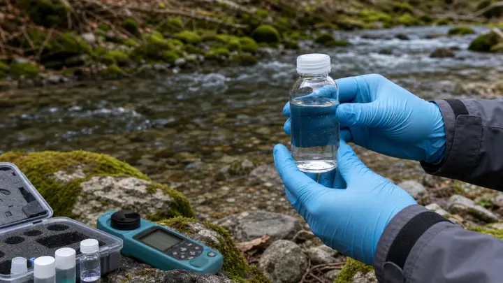 Water sample bottle held at a field collection location